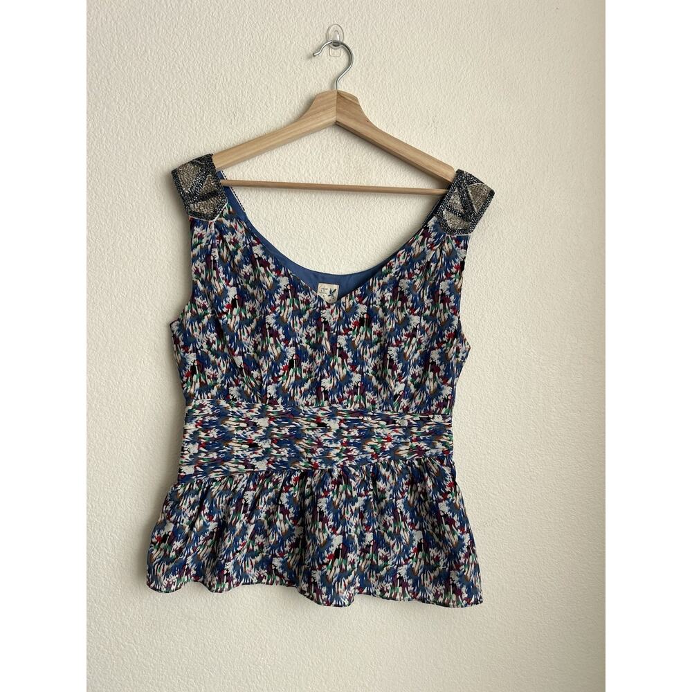 Edme & Esyllte Anthropologie Silk Tank Top Blue Beaded Straps Size 10